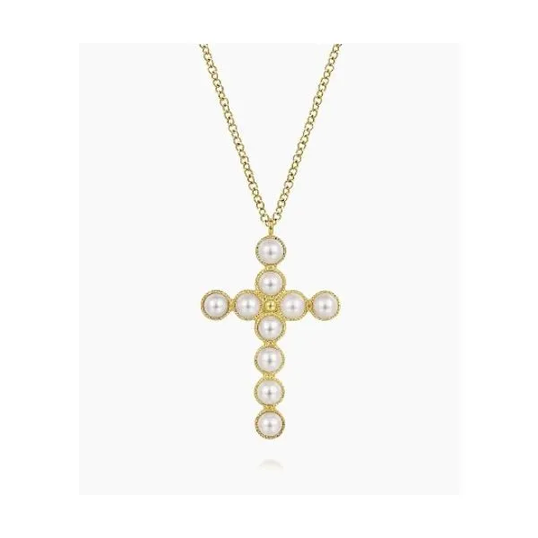 14 Karat Yellow Gold Pearl Cross Necklace - 16-18