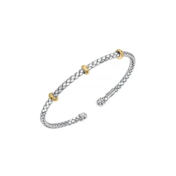 18 Karat Yellow Gold and Sterling Silver Traversa Thin Cuff Bracelet with Triple Gold Rondells Corinth Jewelers Corinth, MS