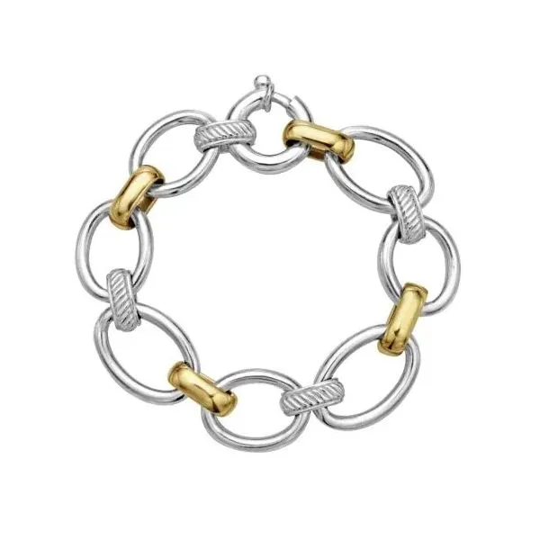 Sterling Silver and 18 Karat Yellow Gold Oval Shape Link Bracelet - 7.5