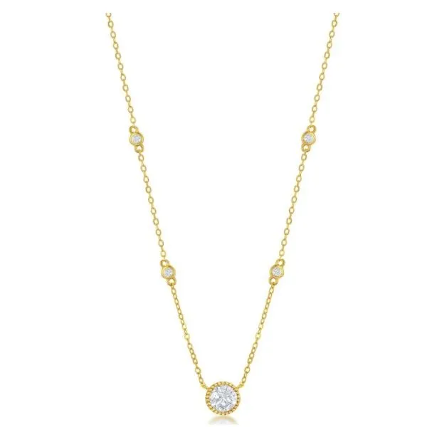 Sterling Silver and Gold Plated Round Bezel Station Necklace with Triple Petite CZ Accent Corinth Jewelers Corinth, MS