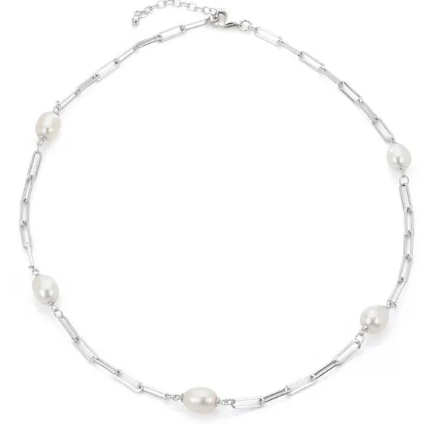 Sterling Silver Paperclip Chain with 8-9 mm Freshwater Pearl Station Necklace - 18