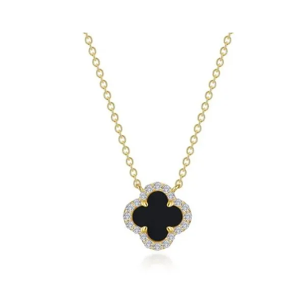 Gold Bonded Clover Shape Black Onyx with CZ Halo Fashion Necklace - Adjustable Clasp / 20