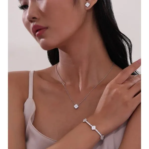 Sterling Silver Clover Shape CZ with Halo Fashion Necklace - 20