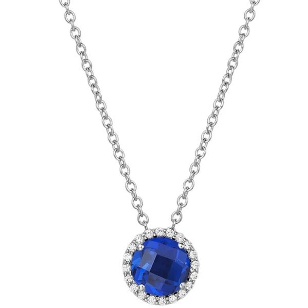 Sterling Silver Round Shape Lab Grown Simulated Sapphire with CZ Halo Fashion Necklace - 18