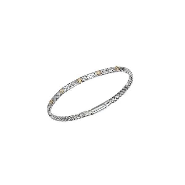 18 Karat Yellow Gold and Sterling Silver Five Station Gold Rondell with Diamond Accent Alisa Bangle Bracelet Corinth Jewelers Corinth, MS