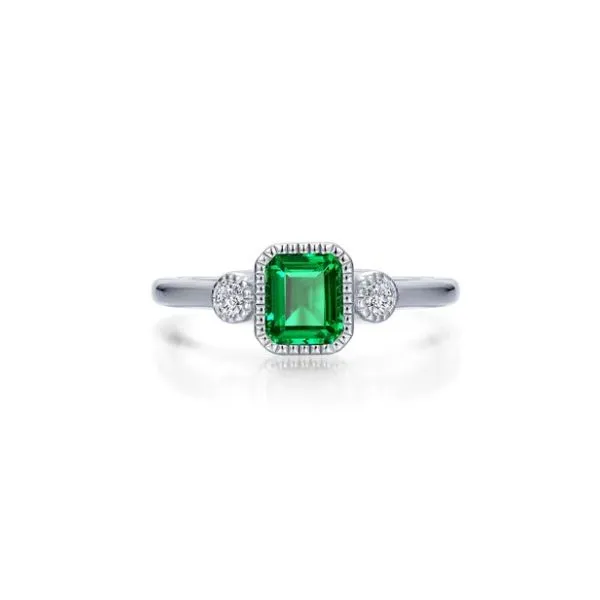 Sterling Silver Emerald Shape Simulated Emerald with Round Shape CZ Side Stones Fashion Ring - Size 7 Corinth Jewelers Corinth, MS