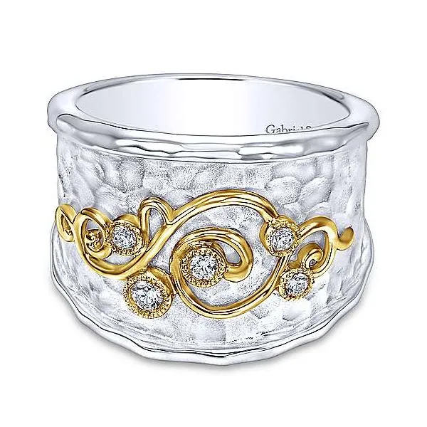 18 Karat Yellow Gold and Sterling Silver Wide Ladies' Fashion Diamond Band with Gold Accented Scroll Work Ring Image 2 Corinth Jewelers Corinth, MS