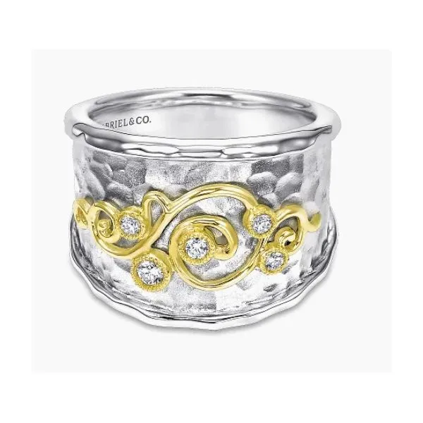 Sterling Silver and 18 Karat Yellow Gold Dome Shape with Scrollwork and Diamond Accent Fashion Ring - 0.11 ctw / Finger Size 7.5 Corinth Jewelers Corinth, MS