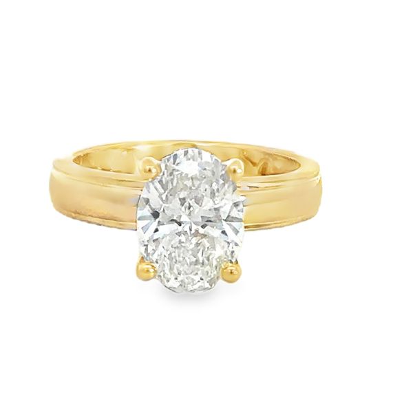 14 Karat Yellow Gold 2.10 ct Lab Grown Oval Shape Diamond Solitaire with Hidden Diamond Halo and Wide Polished Engagement Ring - F/VS2 Corinth Jewelers Corinth, MS