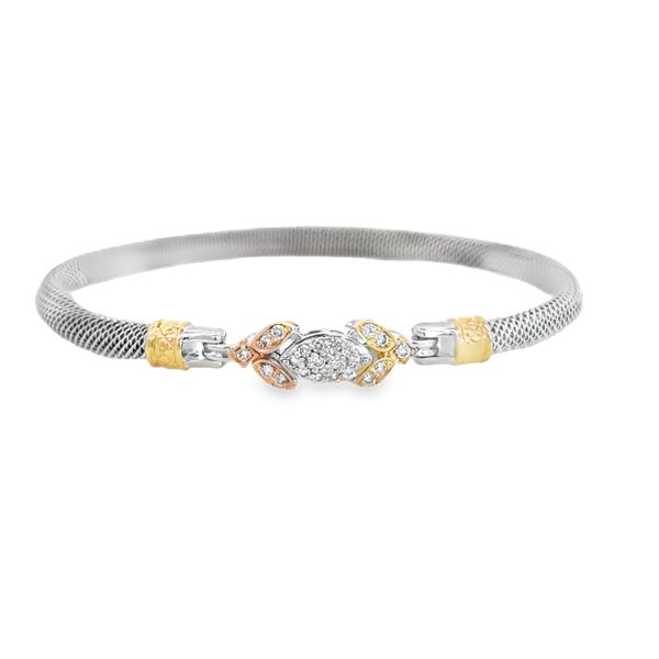 14 Karat Yellow Gold and Sterling Silver Marquise Shape Lab Grown Diamond with Leaf Motiff Accent Bangle Bracelet - 0.40 dwt Corinth Jewelers Corinth, MS