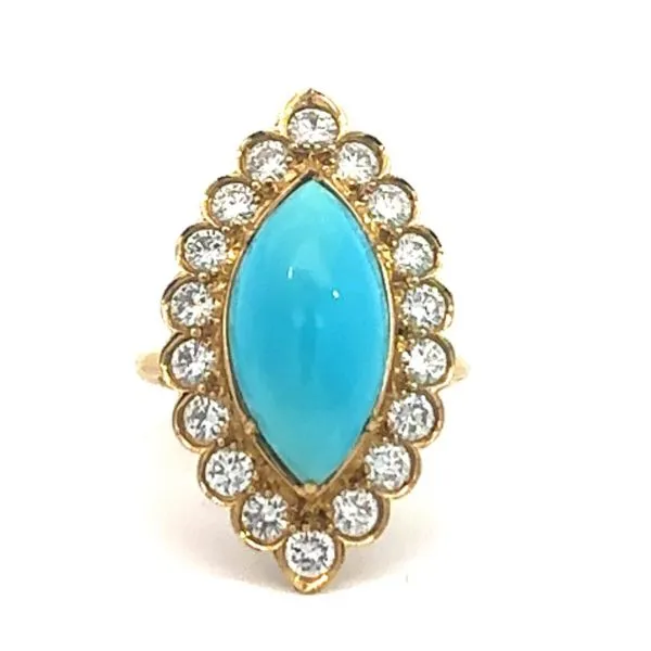 18 Karat Yellow Gold Marquise Shape Sleeping Beauty Turqouise with Scalloped Diamond Halo Estate Ring - 1.50ctw / Circa 1940