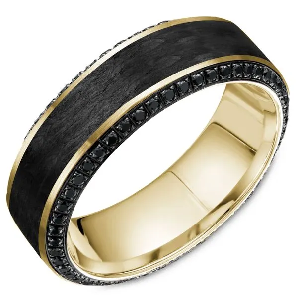 7.5mm Yellow Gold And Black Forged Carbon Fiber Diamond Wedding Band Cornell's Jewelers Rochester, NY