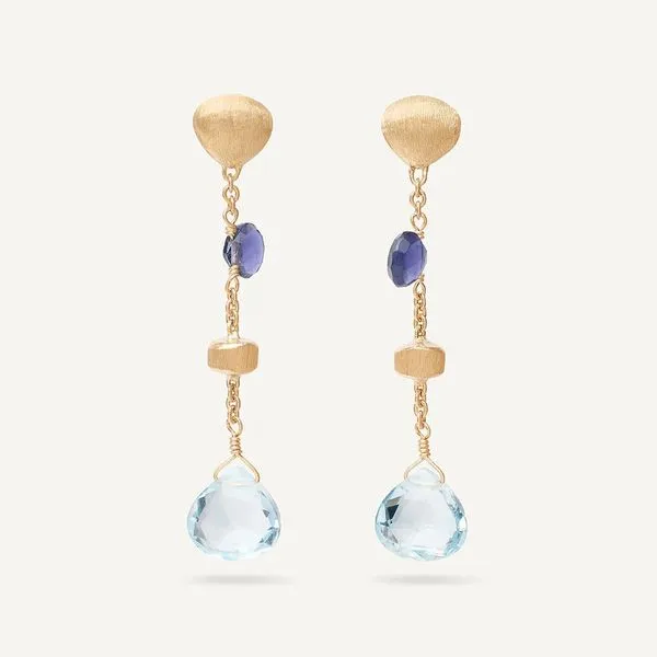Marco Bicego Paradise Collection 18 Karat Yellow Gold Heart Cut Blue Topaz and Iolite Drop Earrings Cornell's Jewelers Rochester, NY