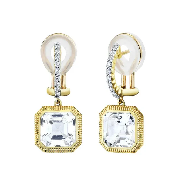Sloane Street 18 Karat Yellow Gold Leverback White Topaz Drop Earrings Cornell's Jewelers Rochester, NY