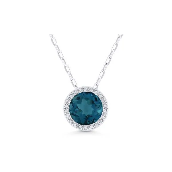 CORNELL'S COLLECTION 14KWG LONDON BLUE TOPAZ AND DIAMOND HALO NECKLACE Cornell's Jewelers Rochester, NY