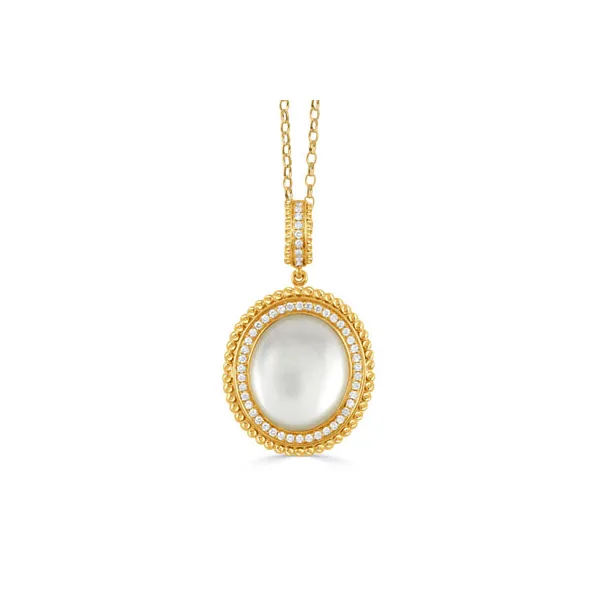 Doves Justinian 18k Yellow Gold Oval Cabuchon White Mother of Pearl Diamond Halo Pendant Cornell's Jewelers Rochester, NY