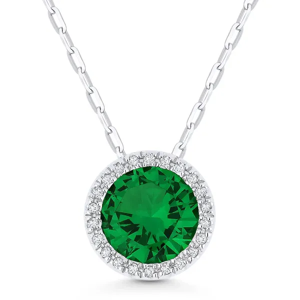 14kt White Gold Emerald Halo Necklace Cornell's Jewelers Rochester, NY
