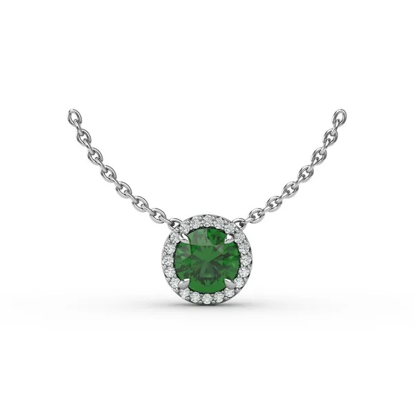 Round Emerald Pendant With a Diamond Halo Cornell's Jewelers Rochester, NY