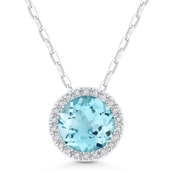 14kt White Gold Aquamarine Halo Necklace Cornell's Jewelers Rochester, NY