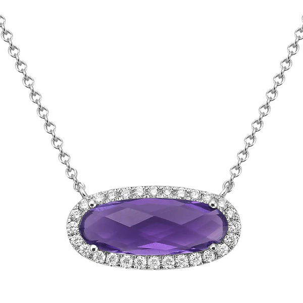14K White Gold Amethyst and Diamond Halo Necklace Cornell's Jewelers Rochester, NY