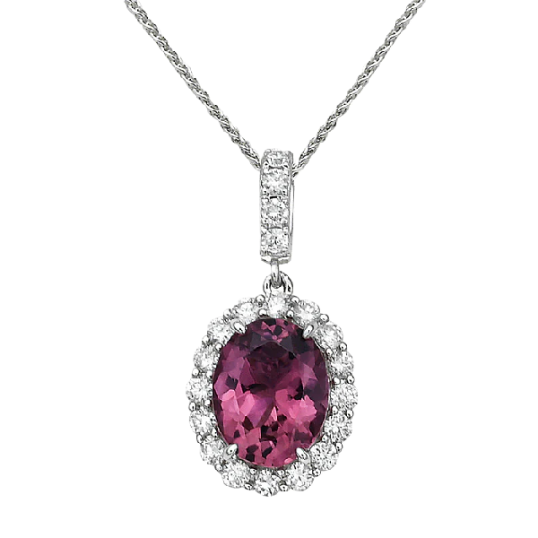 14K White Gold Pink Tourmaline and Diamond Halo Necklace Cornell's Jewelers Rochester, NY