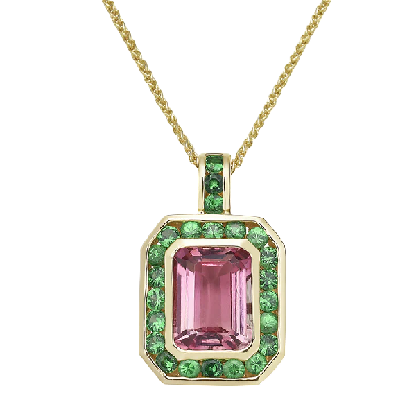 14K Yellow Gold Pink and Green Tsavorite Necklace Cornell's Jewelers Rochester, NY