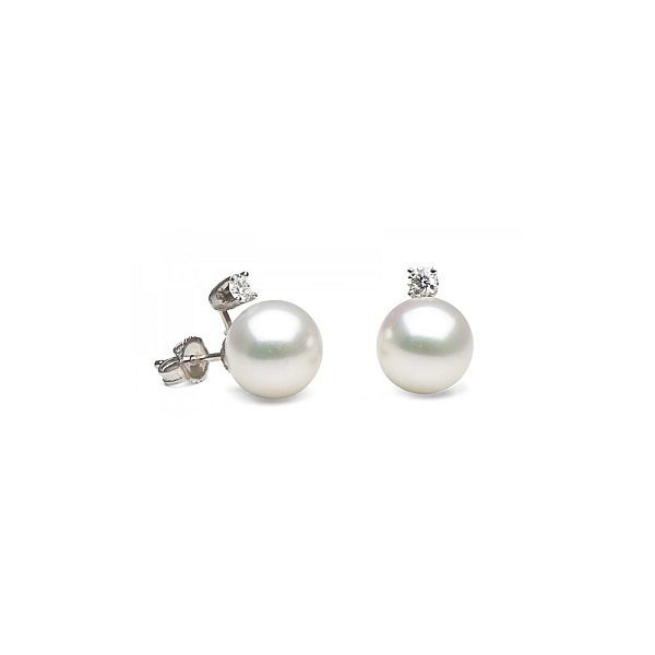 MASTOLONI 8-8.5MM ROUND WHITE AKOYA CULTURED PEARL AND DIAMOND STUD EARRINGS Cornell's Jewelers Rochester, NY