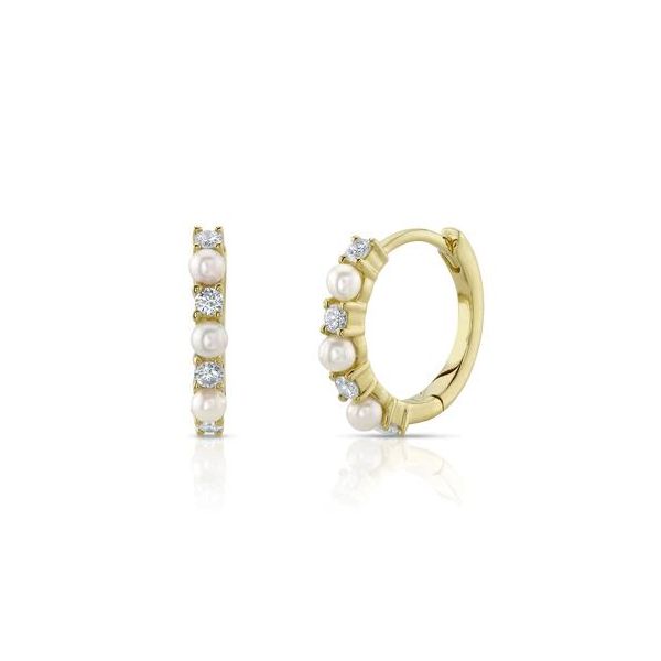 14Kt Yellow Gold Diamond And Cultured Pearl Huggie Earrings Cornell's Jewelers Rochester, NY