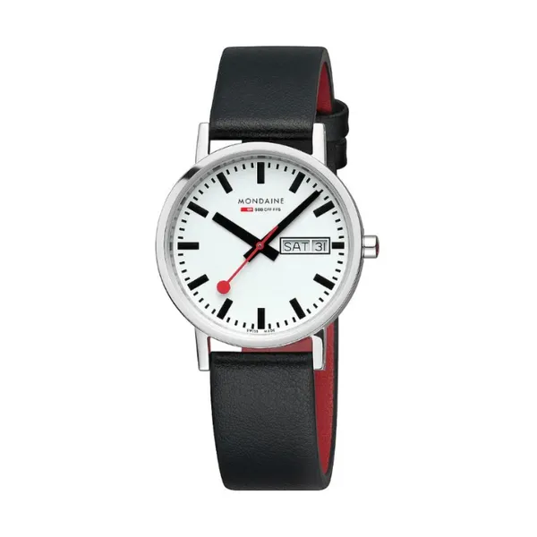 Mondaine Classic Day Date– Black/Red Vegan Cornell's Jewelers Rochester, NY