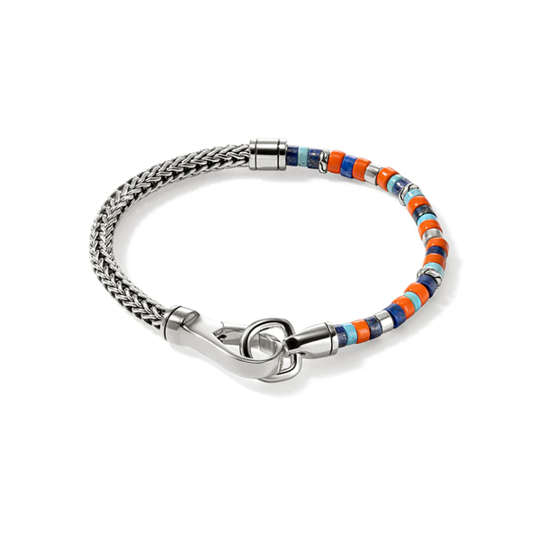 Heishi Silver Bracelet with Lapis Lazuli, Treated Turqoise and Orange Enamel Cornell's Jewelers Rochester, NY