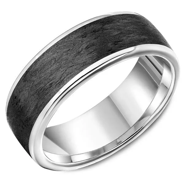 7.5mm White Gold And Black Forged Carbon Fiber Wedding Band Cornell's Jewelers Rochester, NY