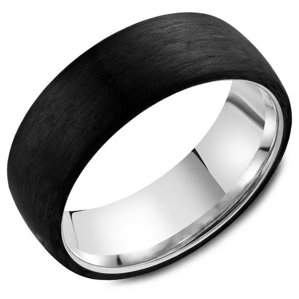 7.5mm White Gold And Black Forged Carbon Fiber Wedding Band Cornell's Jewelers Rochester, NY
