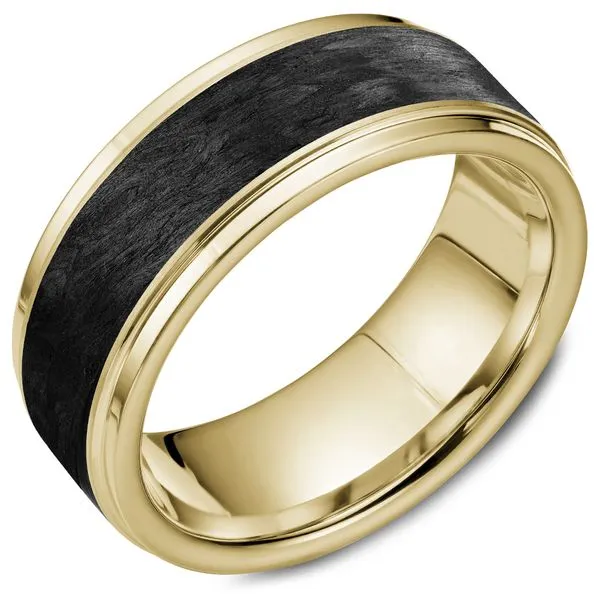 8.5mm Yellow Gold And Black Forged Carbon Fiber Wedding Band Cornell's Jewelers Rochester, NY