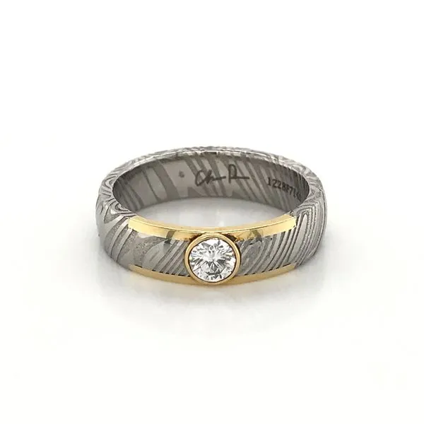18k Yellow Gold & Damascus Steel Diamond Ring thumb image 1