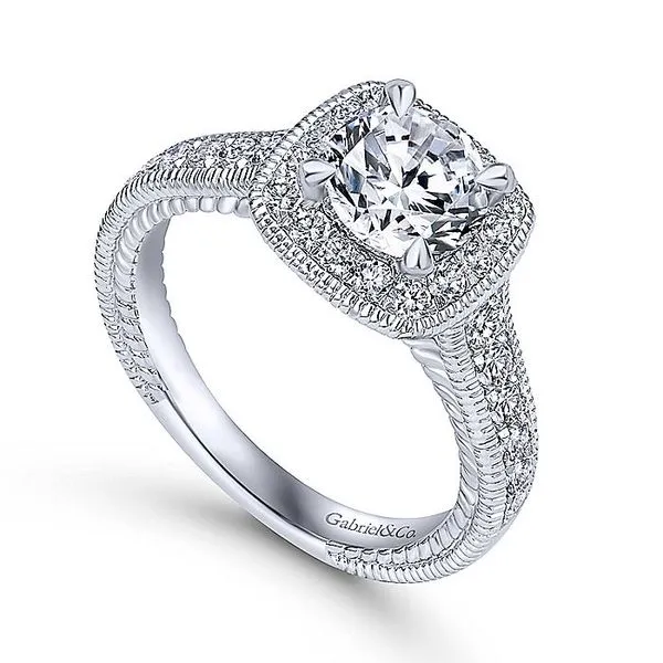 14K White Gold Cushion Halo Round Diamond Engagement Ring thumb image 3