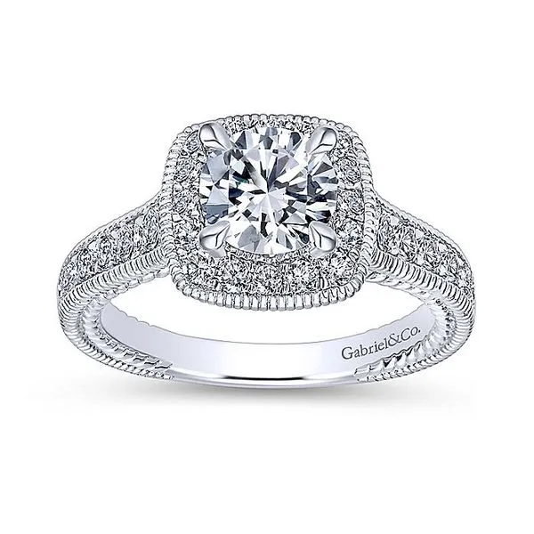 14K White Gold Cushion Halo Round Diamond Engagement Ring thumb image 5