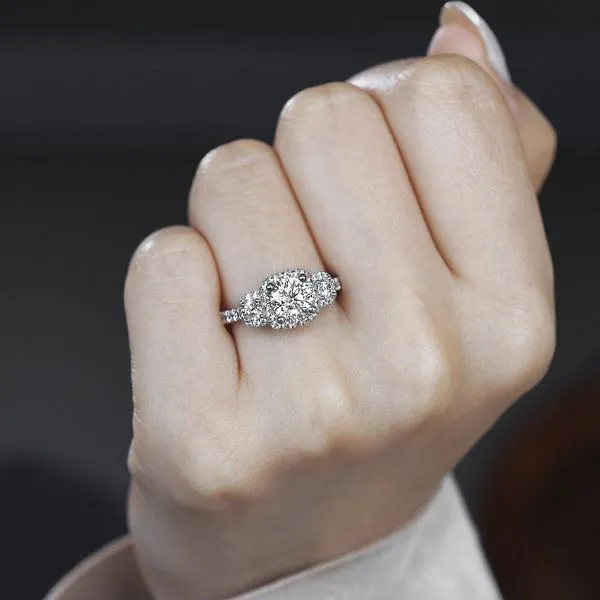 Customizable | Three Stone Halo Engagement Ring thumb image 5