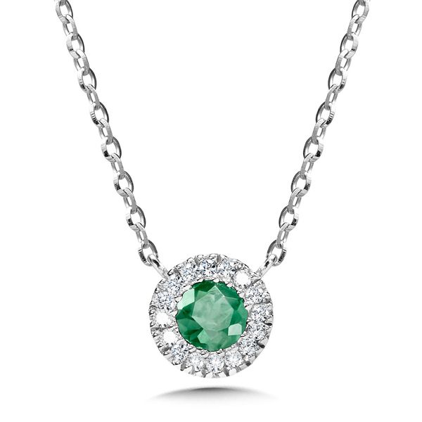 White Gold Round Halo Emerald Necklace David Scott Fine Jewelry Panama City Beach, FL