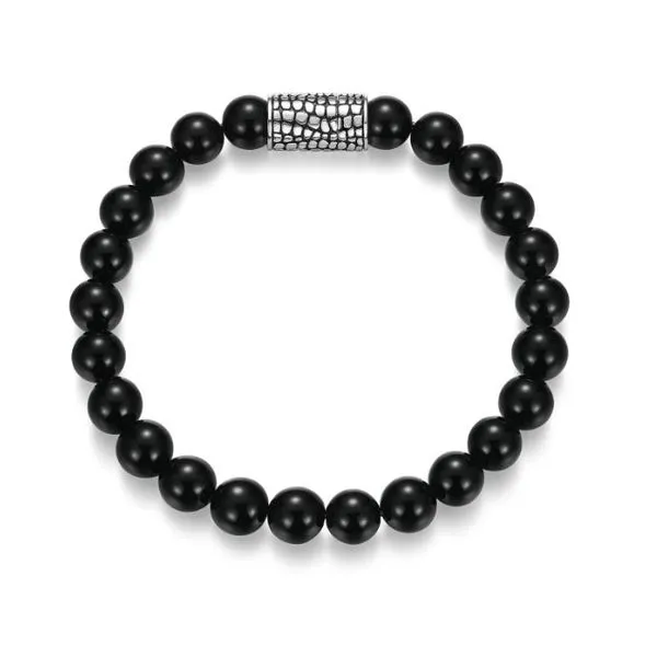Sterling Silver Black Agate Beaded Bracelet with Reptile Design Magnetic Clasp, 8.5” D'Errico Jewelry Scarsdale, NY