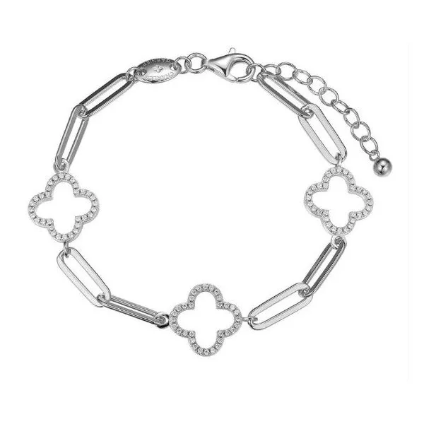 Sterling Silver CZ Clover Paperclip Bracelet, 6.75” + Extender D'Errico Jewelry Scarsdale, NY