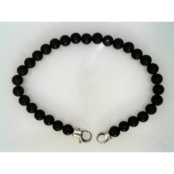 Sterling Silver Black Agate Beaded Bracelet with Reptile Design Magnetic Clasp, 8.5” D'Errico Jewelry Scarsdale, NY