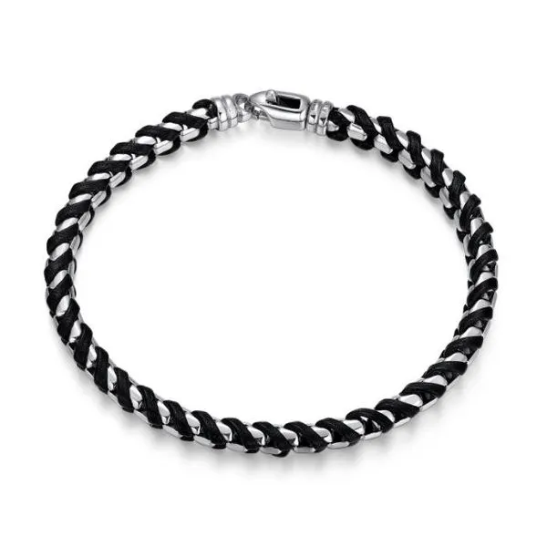 Sterling Silver Round Box Chain & Black Leather Bracelet, 8” D'Errico Jewelry Scarsdale, NY