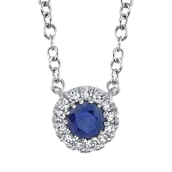 Shy Creation 14K Diamond and Blue Sapphire Halo Necklace D. Geller & Son Jewelers Atlanta, GA