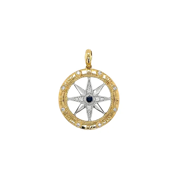 14K Two-Tone Diamond & Sapphire Compass Pendant Diamonds Direct St. Petersburg, FL