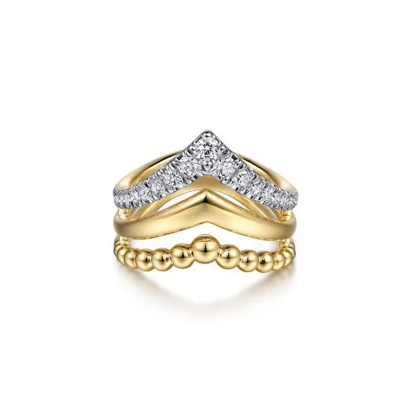 Gabriel & Co. 14K Yellow Gold Triple Row Bujukan Chevron Diamond Ring Diamond Showcase Longview, WA