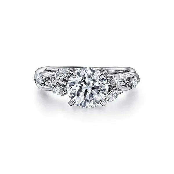 Gabriel & Co. 14K White Gold Floral Round Diamond Engagement Ring Diamond Showcase Longview, WA