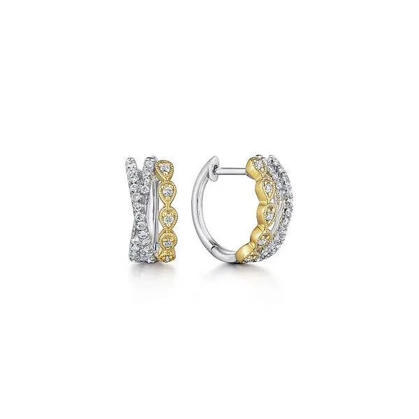 Gabriel & Co. 14K Yellow-White Gold Criss Cross 10mm Diamond Huggies Diamond Showcase Longview, WA