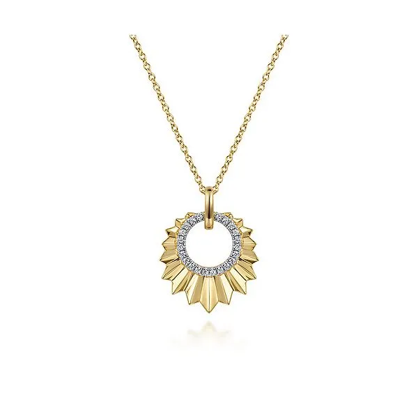 Gabriel & Co. 14K Yellow Gold Diamond and Diamond Cut Texture Pendant Necklace Diamond Showcase Longview, WA