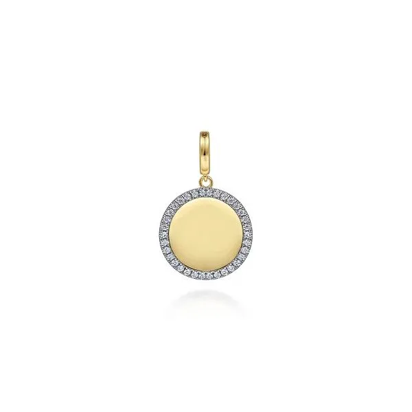 Gabriel & Co. 14K Yellow Gold Diamond 18mm Round Medallion Personalized Pendant Diamond Showcase Longview, WA