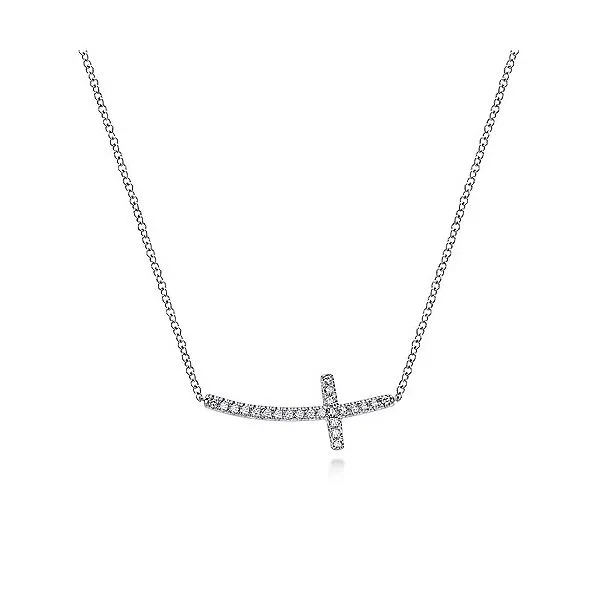 Gabriel & Co. 14K White Gold Sideways Curved Diamond Cross Necklace Diamond Showcase Longview, WA